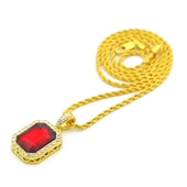 Detailed close-up of a gold-plated twist chain with a ruby-red rectangular pendant