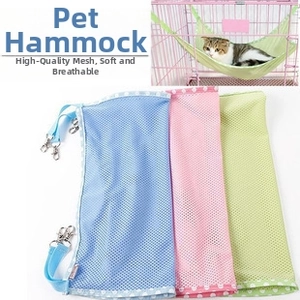 Breathable mesh pet hammock with polka dot trim and metal hooks for cat cages
