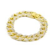 Detailed view of a gold-tone Cuban link bracelet set with sparkling clear crystals