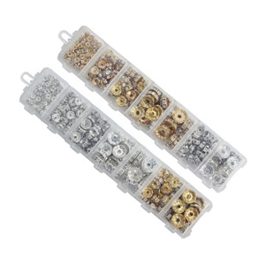 Detailed view of 6-grid boxes with gold and silver gear-shaped jewelry DIY spacers