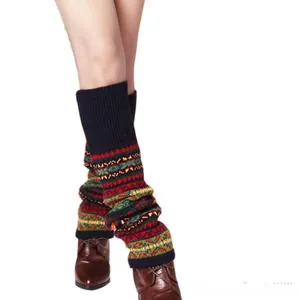 Detailed knit pattern on bohemian leg warmers featuring colorful ethnic jacquard weave