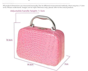 Pink stone pattern makeup case showing 19.5x13.5x7cm dimensions and adjustable handle