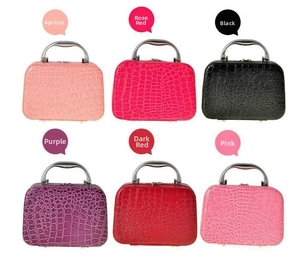 Detail showcasing six colors of crocodile pattern makeup bags with metal handles