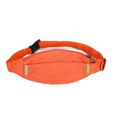 Detail of waterproof orange 400D oxford waist bag with adjustable buckle and reflective strips