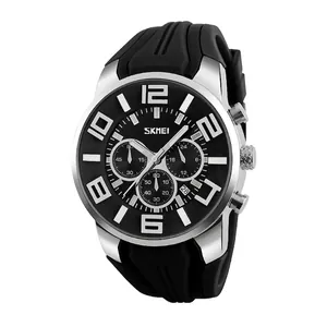 Waterproof sports watch for men with black silicone strap and silver metal case