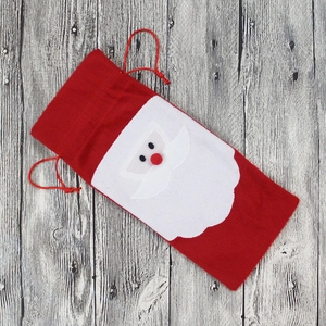 Red Christmas wine bottle gift bag featuring a Santa Claus felt applique with drawstring