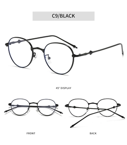 Detailansichten der schwarzen ovalen Metallsonnenbrille von vorne, hinten und im 45-Grad-Winkel