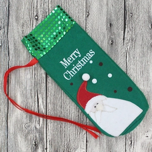 Green sequined Christmas wine bottle bag with Santa Claus embroidery and Merry Christmas text