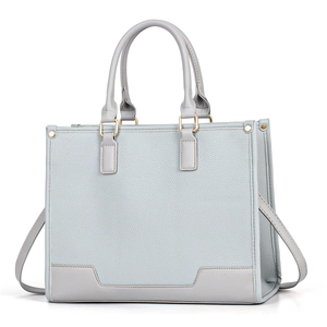 Minimalist light blue faux leather tote bag with lychee texture and golden hardware