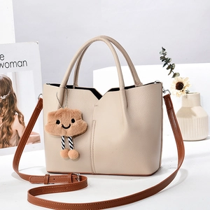 Minimalist beige patchwork tote bag with macaron style and cute cloud charm accessory