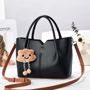 Women Litchi Grain PU Leather Tote Bag Shoulder Crossbody Handbag Large Capacity With Plush Cloud Charm Simple Fashionable