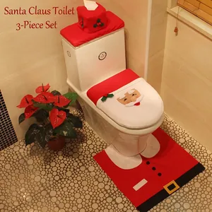 Three-piece Santa Claus toilet seat cover set with red mat and tissue box holder