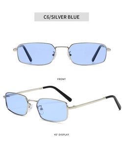 Macro detail of rectangle metal sunglasses with silver frames and light blue lenses