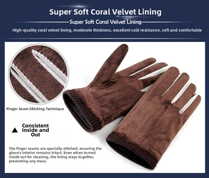 Detail of warm brown PU gloves with thick coral fleece lining and reinforced finger seams