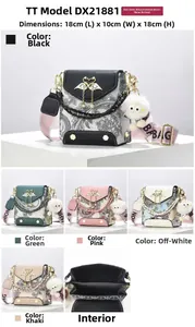 Detailed size chart showing the 18x10x18cm dimensions of the floral patterned handbag