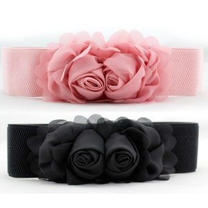 Ceinture élastique classique pour femme avec deux grandes fleurs en mousseline de soie