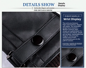 Detail of men's leather glove featuring a metal buckle wrist strap and warm brown lining