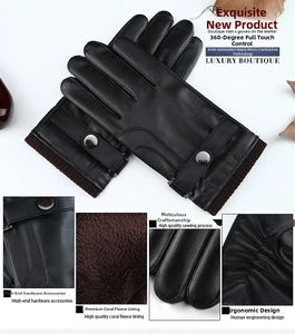 Detail view of men's leather touch screen gloves with warm brown coral fleece lining
