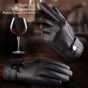 Men's leather touchscreen gloves with adjustable wrist strap and warm knit cuff detail