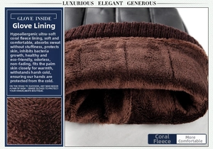 Close-up of men's winter gloves showing thick brown coral fleece lining for warmth