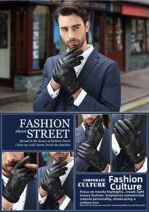Close-up of men's black PU leather gloves featuring warm brown knitted ribbed cuffs and metal buckle