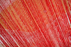 Macro detail of red fringe tassels with glittering silver silk thread for partitions