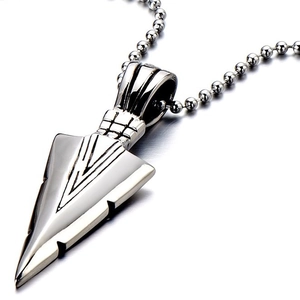 Macro detail of silver arrow pendant necklace with polished finish and steel bead chain