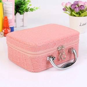 Pink stone pattern vanity case with handle and mirror for makeup storage organization