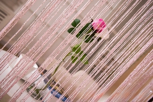 Detail of pink silver wire curtain with subtle glitter and soft rose background decor
