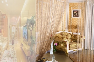 Detail of champagne string curtain with metallic flat silver wire for doorway partitions