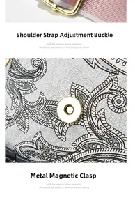 Detail of adjustable gold metal buckle and magnetic snap on paisley crossbody bag