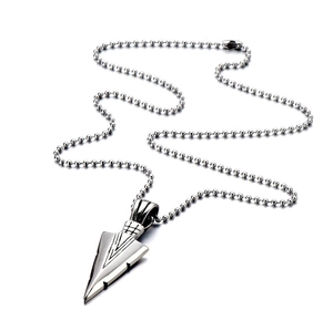 Detailed view of silver arrow pendant with classic bead chain on a clean white backdrop