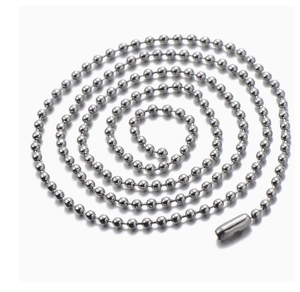 Close-up of a silver-toned metal ball chain with secure clasp on a white background