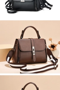 Detail of leather crossbody bags in brown and black with striped fabric straps