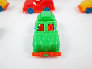 Colorful mini plastic toy cars set with green red and yellow vintage jeep models