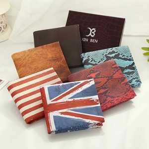Men Bifold Wallet PU Leather Vintage Printed British USA Flag Snake Skin Texture Multi Card Slots Bill Compartment Gift Box