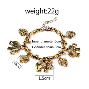 Vintage bronze alloy elephant and heart charm bracelet with adjustable chain link