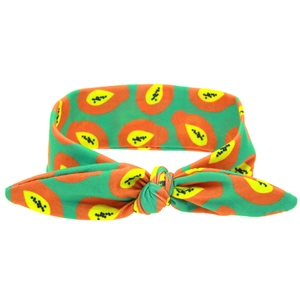 Elastic baby headband with cute green papaya fruit print and rabbit ear bow design