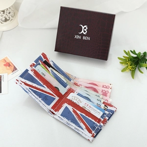 Men's vintage Union Jack bifold wallet shown with premium crocodile texture gift box