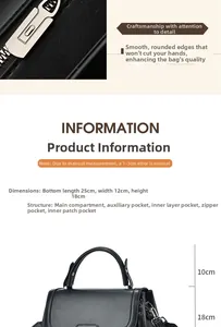 Detailed size specifications of the black leather handbag with 25cm base length and interior layout
