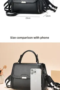 Size guide of crossbody bag with 25cm length vs iPhone to show the interior capacity