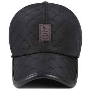 Quilted black winter baseball cap with ear protection and premium leather brim detail