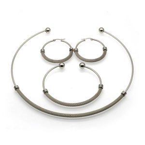 Stainless steel jewelry set featuring mesh textured torque, bracelet, and hoop earrings