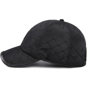 Men's winter quilted baseball cap with leather brim trim and warm ear flaps in black