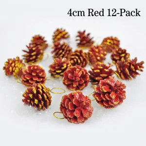 Set di 12 pigne natalizie rosse con glitter dorati per decorazioni festive di lusso