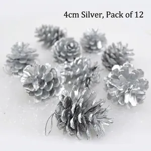 Set di 12 pigne argentate da 4cm per decorazione dell'albero di Natale con cordini