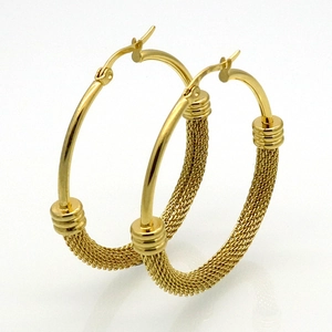 Detailed close-up view of gold stainless steel hoop earrings featuring unique mesh texture