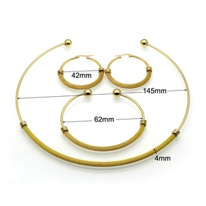 Gold stainless steel jewelry set with mesh texture including necklace bracelet and hoop earrings