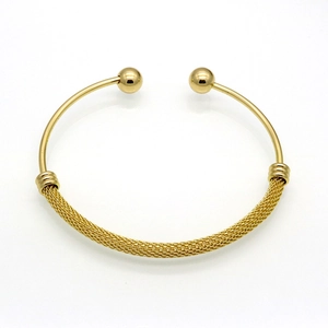 Elegant stainless steel gold mesh open bangle bracelet with bead ends for women