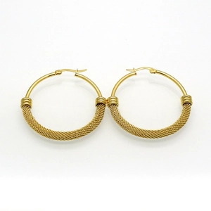 Close-up detail of gold-plated stainless steel hoop earrings with semi-mesh texture design